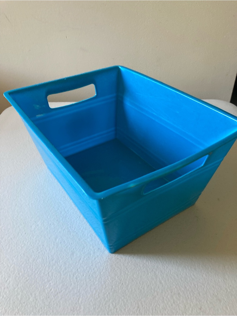 Blue Plastic Storage Bin with Handles Freestanding, 10.5” x 8” x 5”